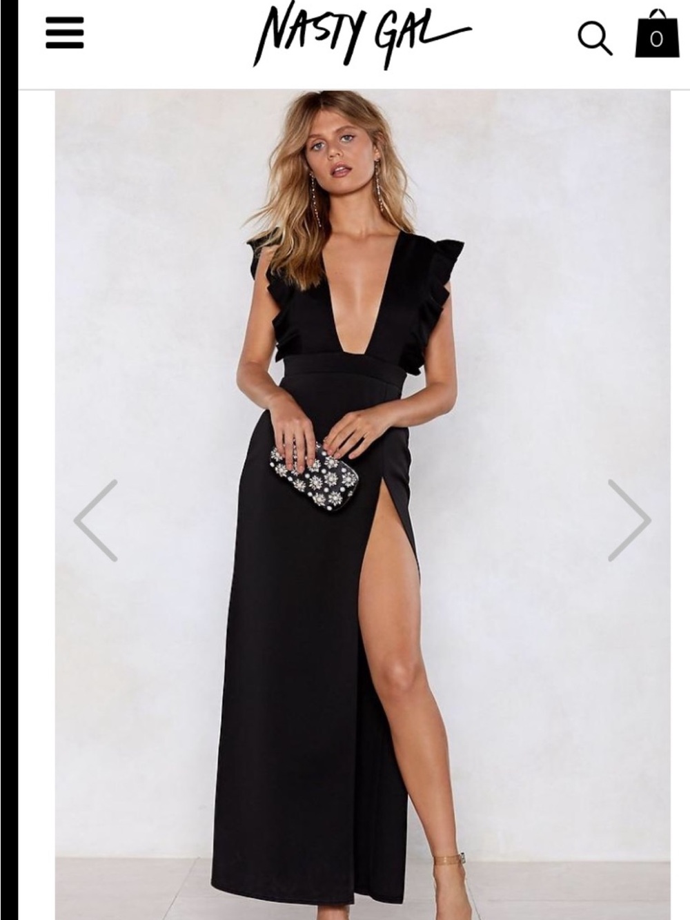 Nasty Gal Deep Night Plunging Dress - Black Ruffle-Trim Maxi Gown Size 8 - NWT!!